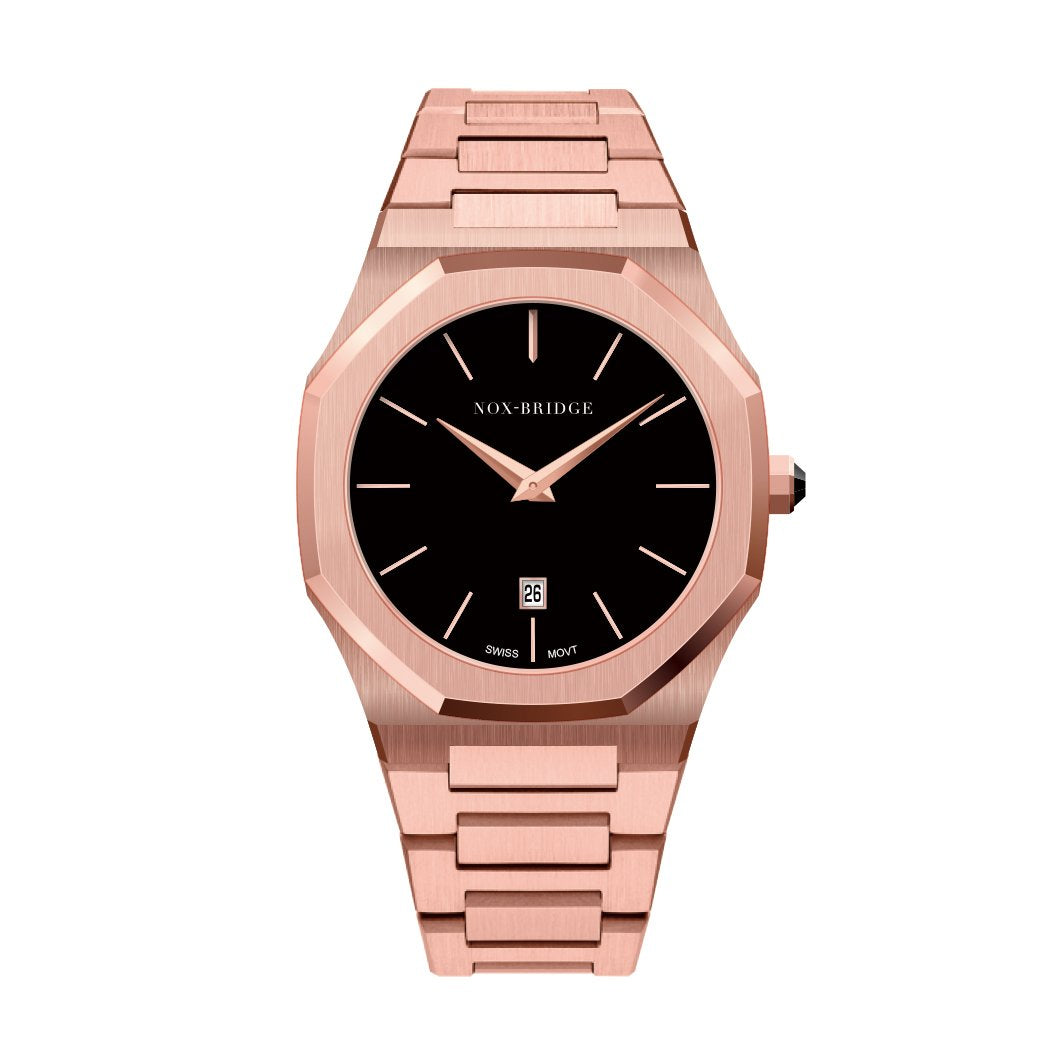Noxbridge Revo rose gold watch with black dial, rose gold bracelet, and octagonal case