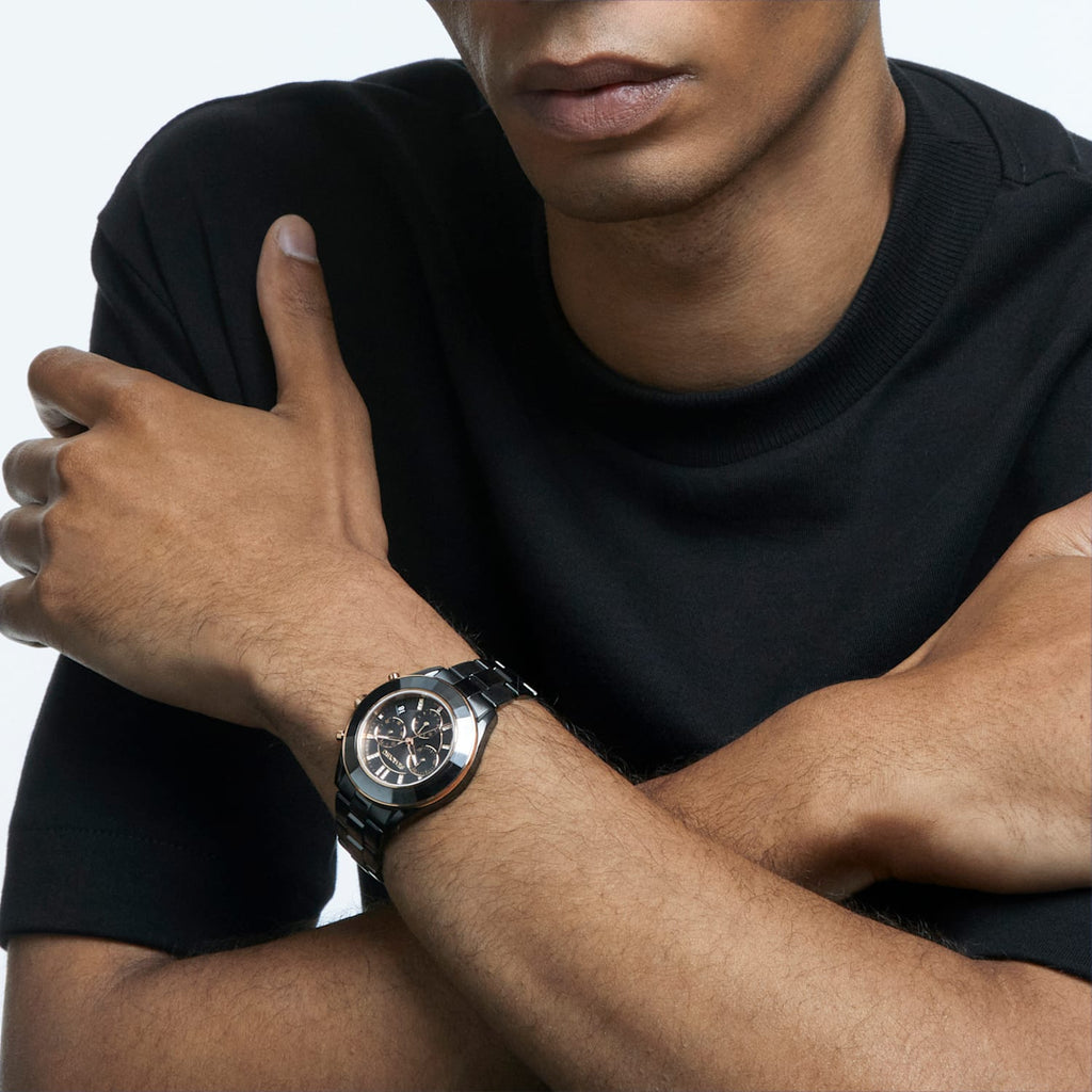 Swarovski Octea Lux Sport Faceted Crystal Bezel Black Dial Black PVD Unisex Watch 5610472