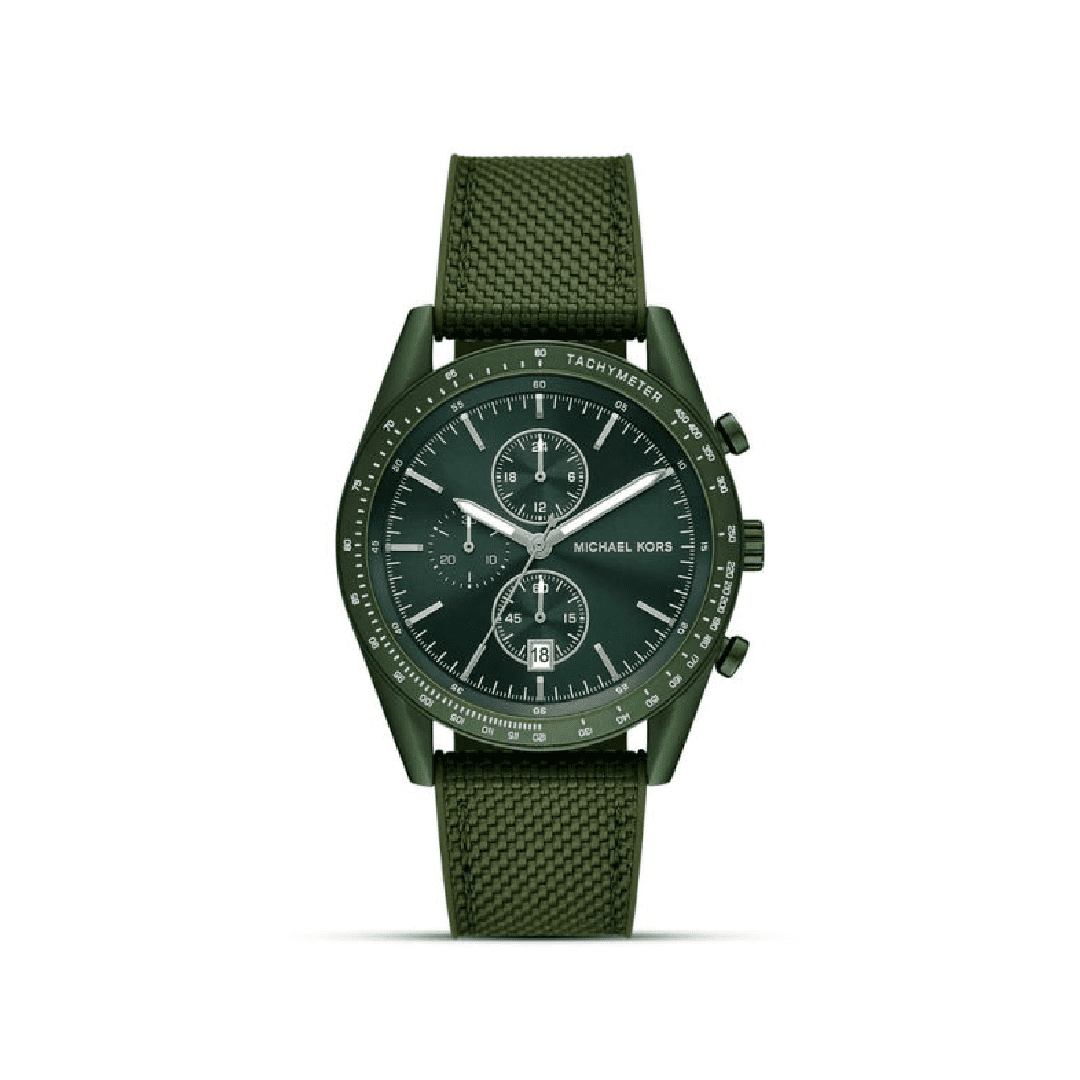 Oversized green-tone chronograph watch with green nylon strap and matching green case