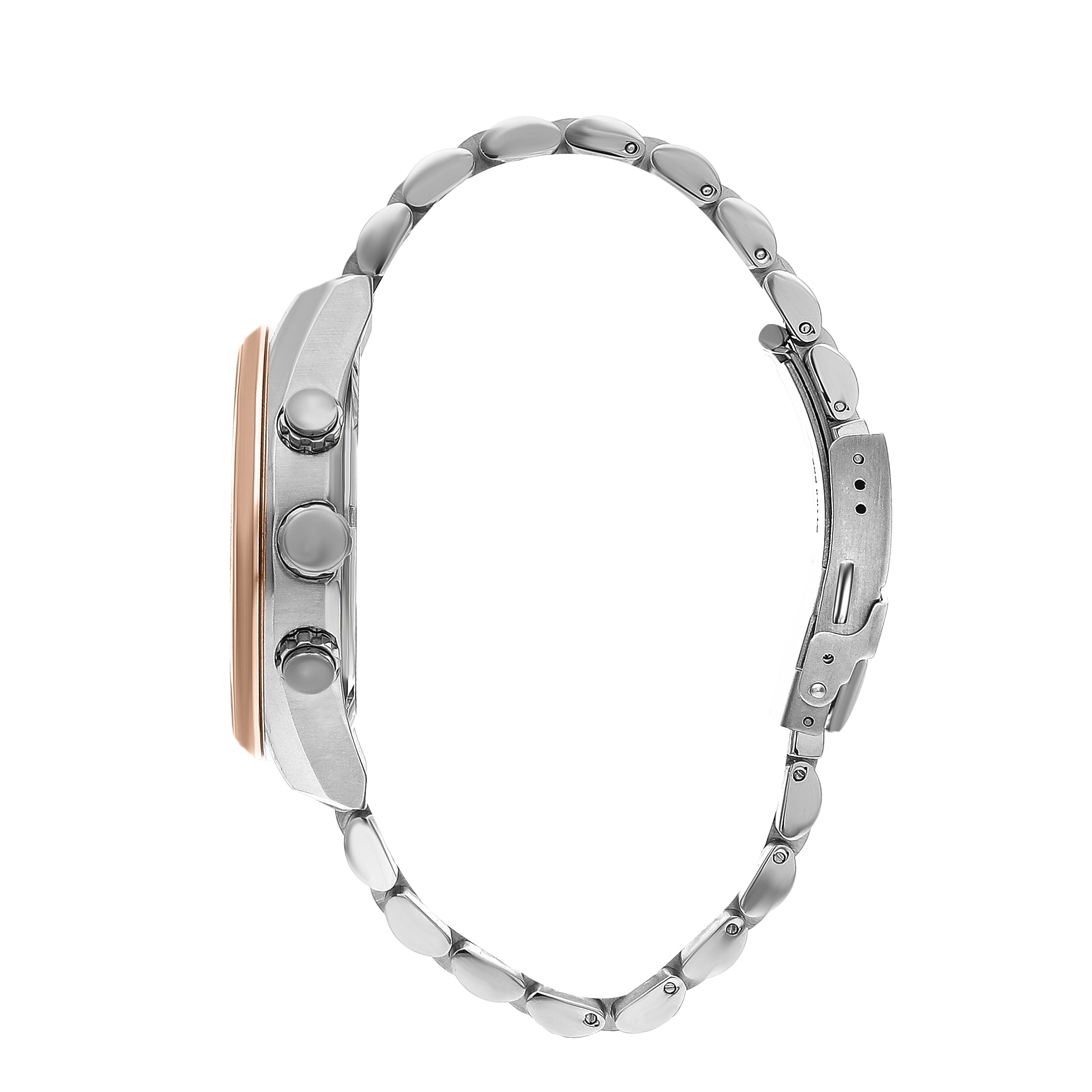 Side profile of Quantum PWG987.550 watch showing rose gold and silver two-tone bracelet