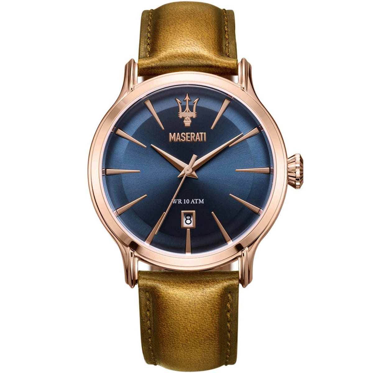 Maserati Epoca men's watch with blue dial, rose gold case, and brown leather strap