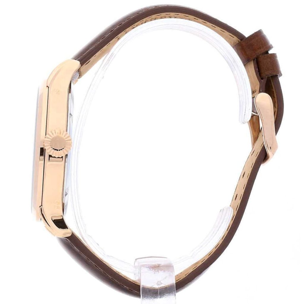 Side view of Maserati Epoca watch with rose gold case and brown leather strap