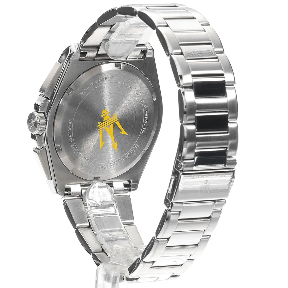 Maserati Velocitá caseback view showing brushed stainless steel case back with yellow trident logo