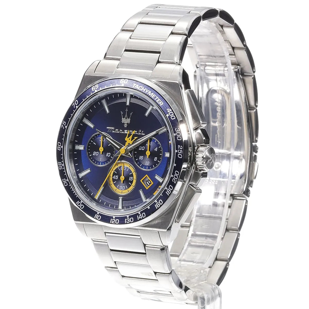 Maserati Velocitá chronograph on blue leather strap with yellow undersole and gold subdials