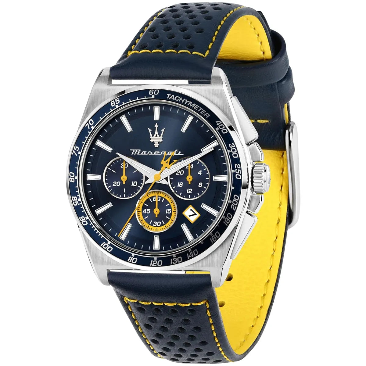 Maserati Velocitá with interchangeable blue and yellow perforated leather strap