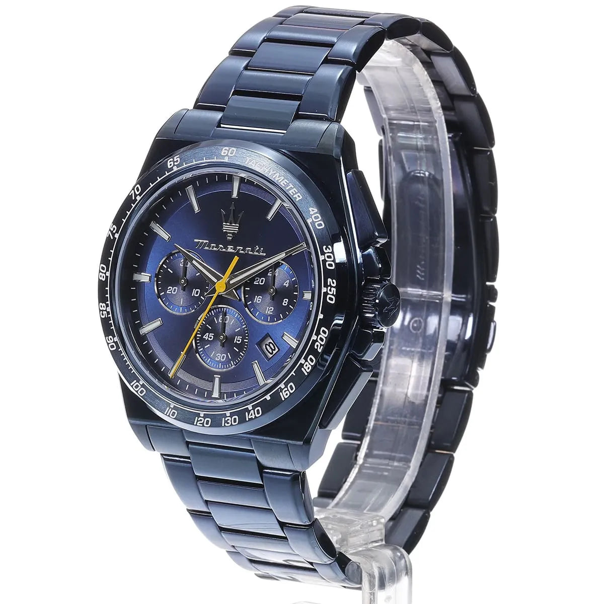 Maserati Velocità chronograph three-quarter view with blue dial and metal band