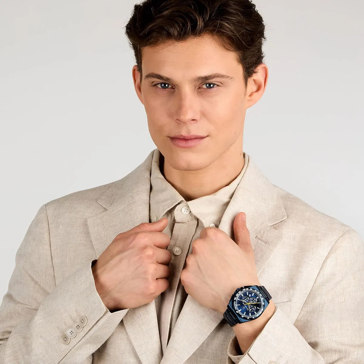 Maserati Velocità chronograph worn on wrist, blue dial with metal bracelet