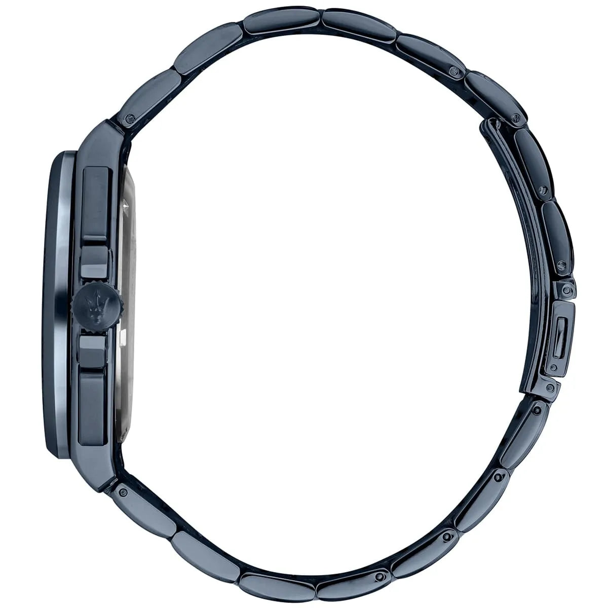 Maserati Velocità chronograph side view of case and stainless steel bracelet