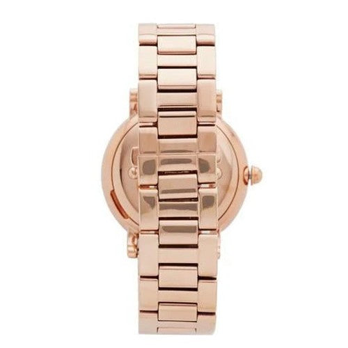 Marc Jacobs MJ3527 case back view showing rose gold stainless steel strap and case