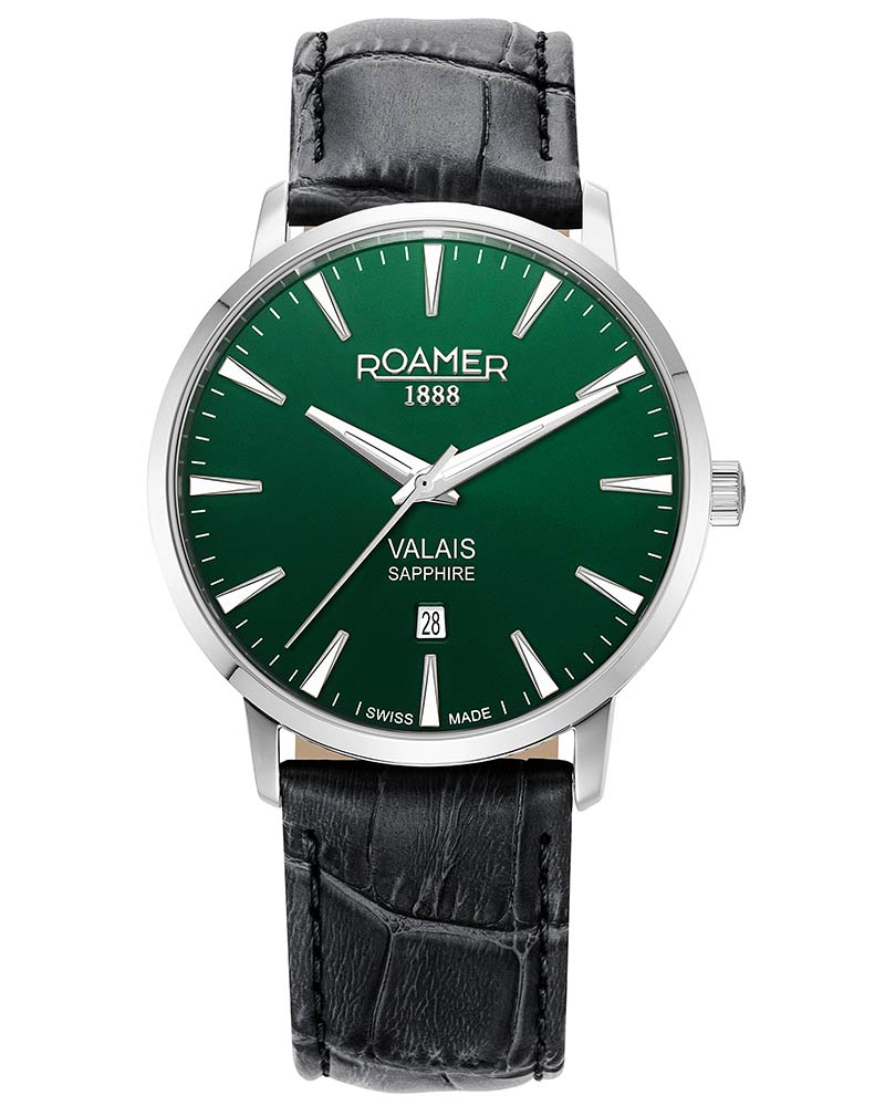 Roamer Valais watch with green dial and black leather strap