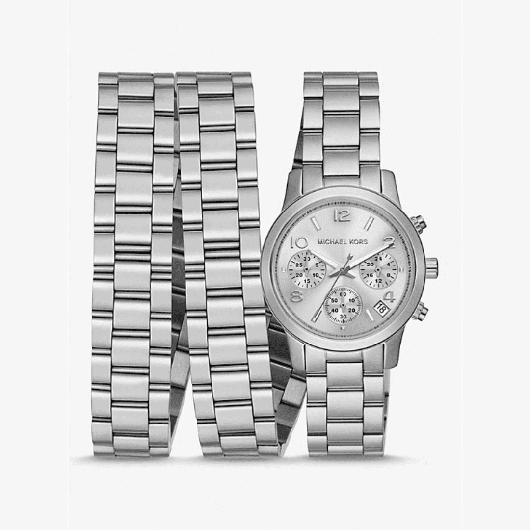 Runway triple wrap stainless steel chronograph watch with rhodium plating and silver dial