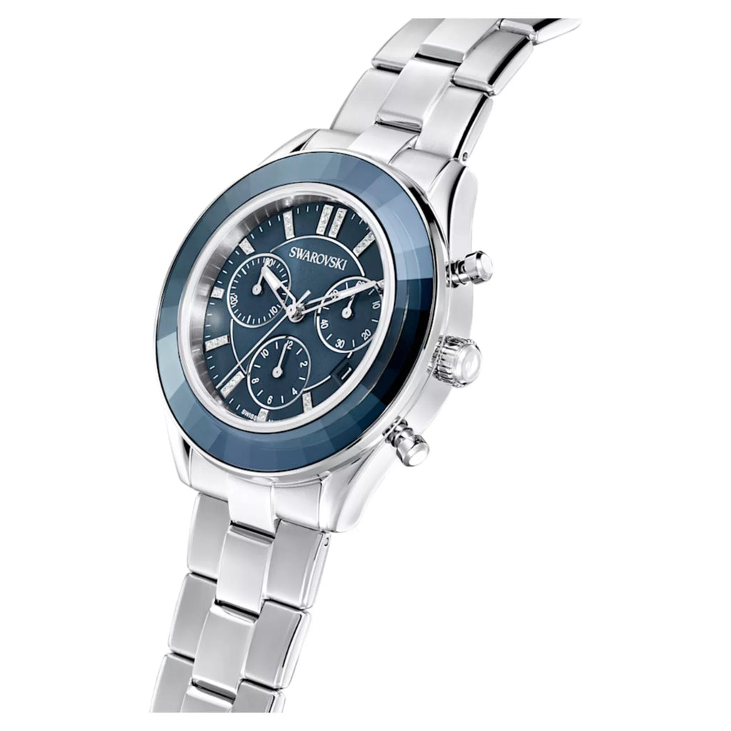 Swarovski Octea Lux Sport Faceted Crystal Bezel Blue Dial Silver Steel Unisex Watch 5610481
