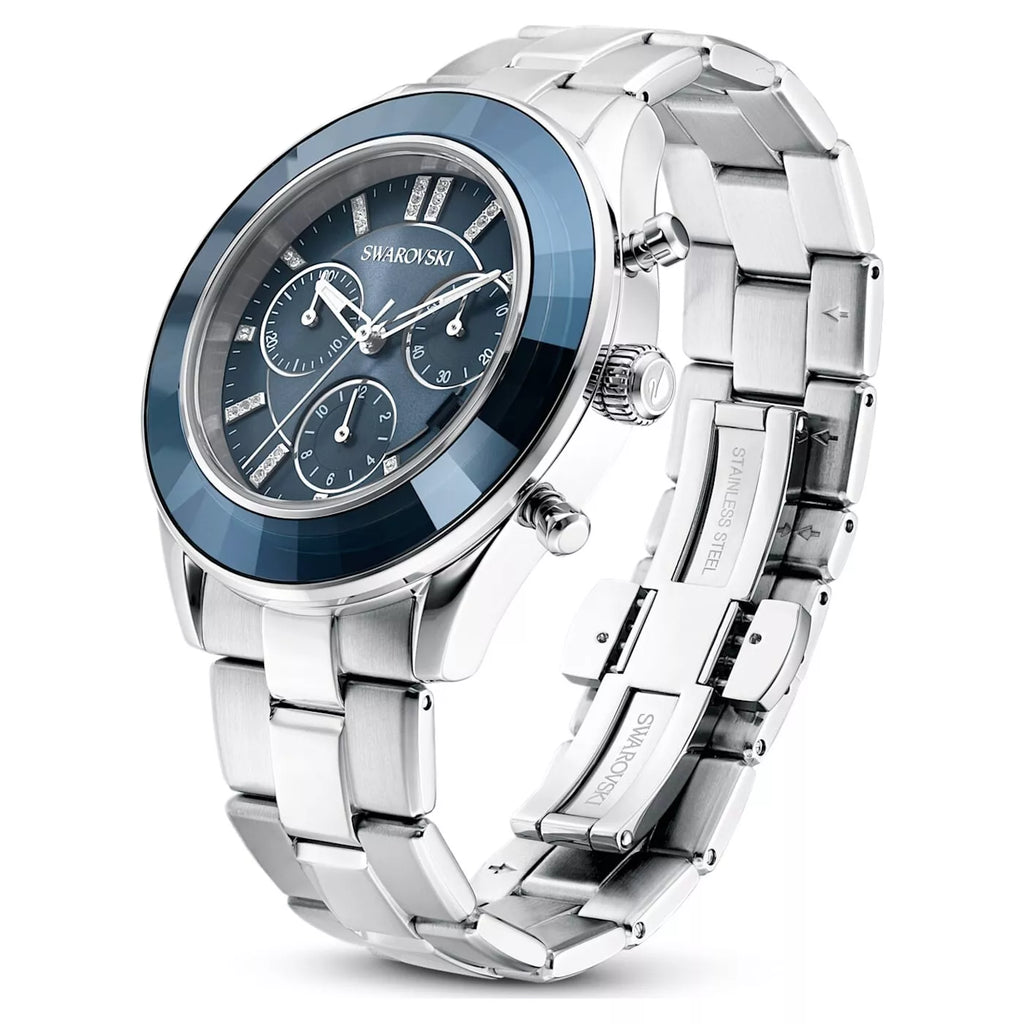 Swarovski Octea Lux Sport Faceted Crystal Bezel Blue Dial Silver Steel Unisex Watch 5610481