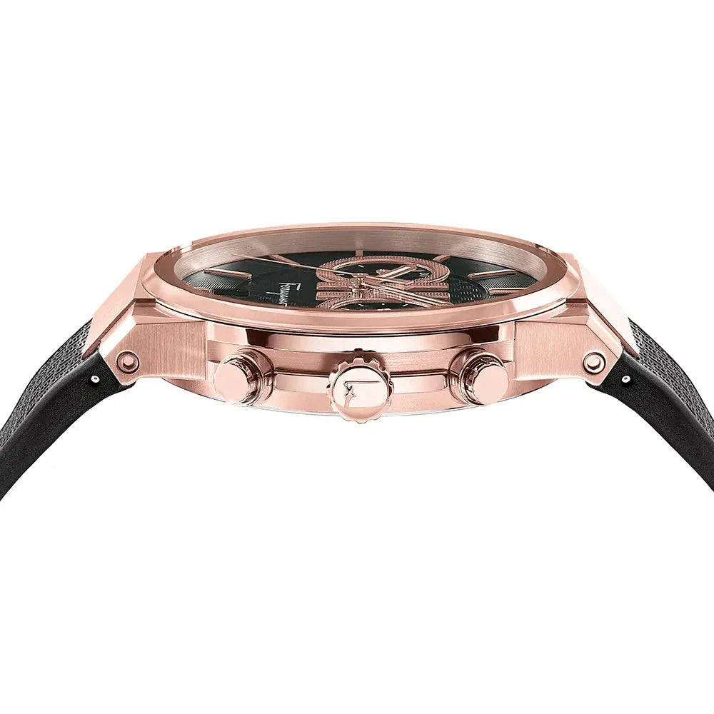 Close-up detail of Salvatore Ferragamo Sapphire chrono dial with chronograph subdials
