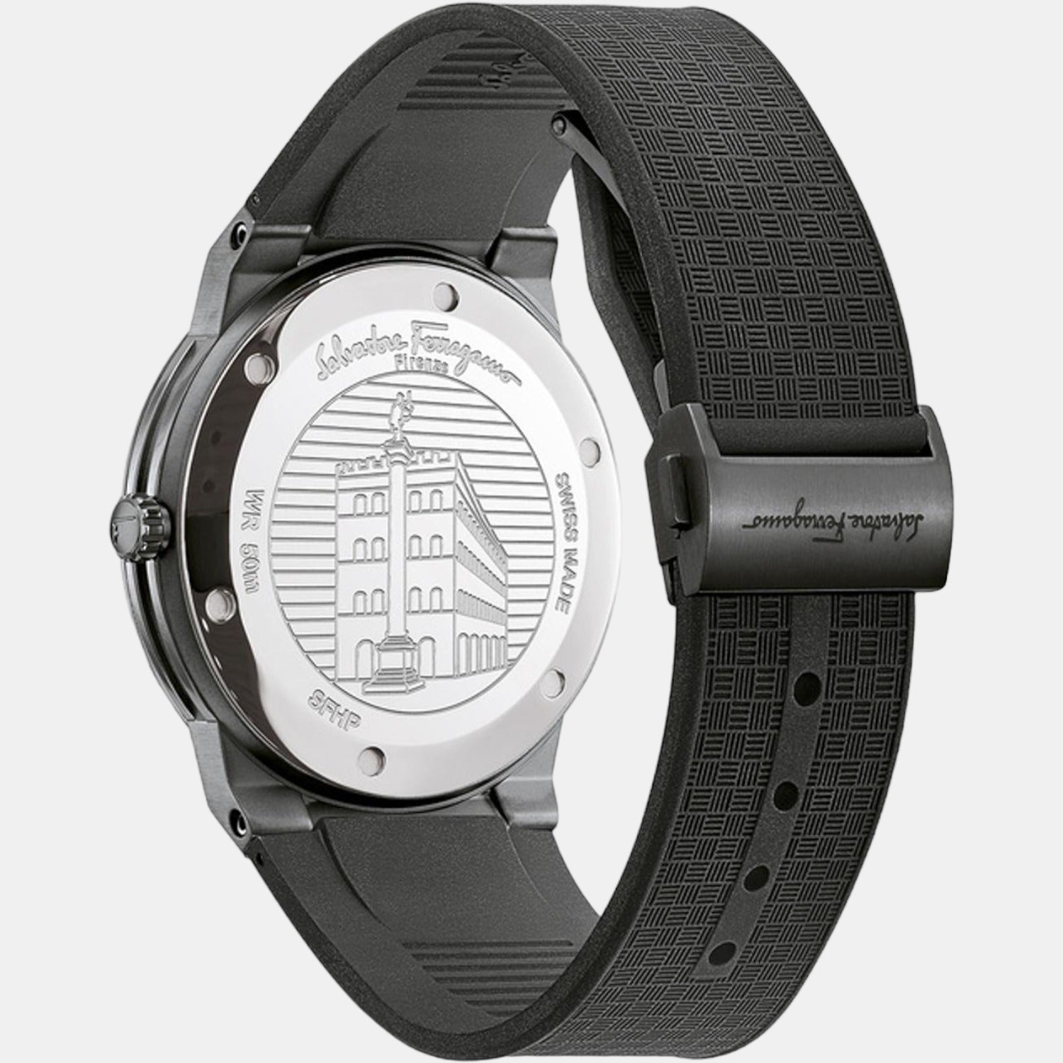 Ferragamo Sapphire watch caseback showing engraved Salvatore Ferragamo branding