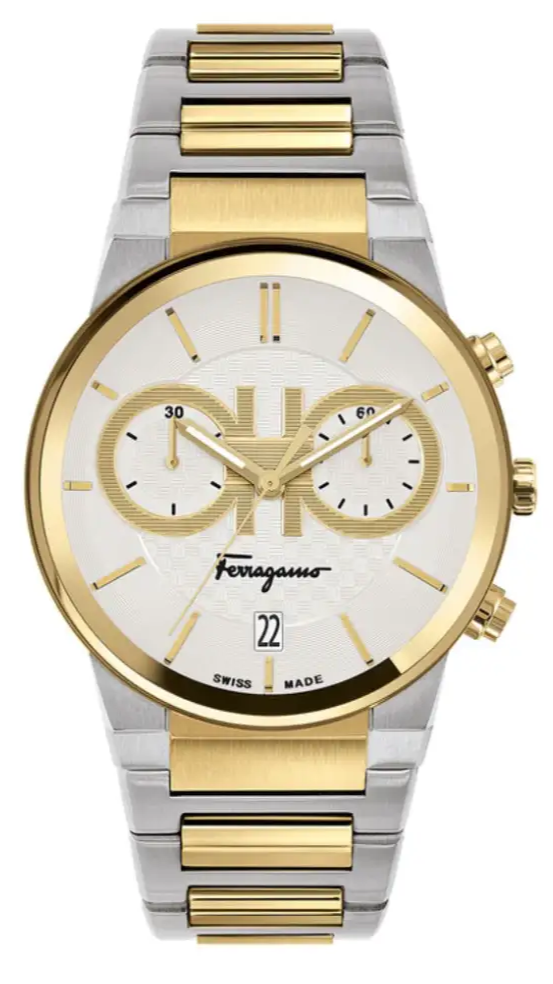 Salvatore Ferragamo Sapphire two-tone chronograph watch with silver dial and dual subdials