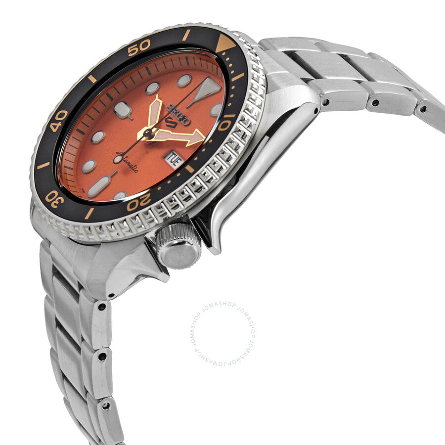 Seiko 5 Sports SRPD59K1 side view showing orange dial and stainless steel case profile