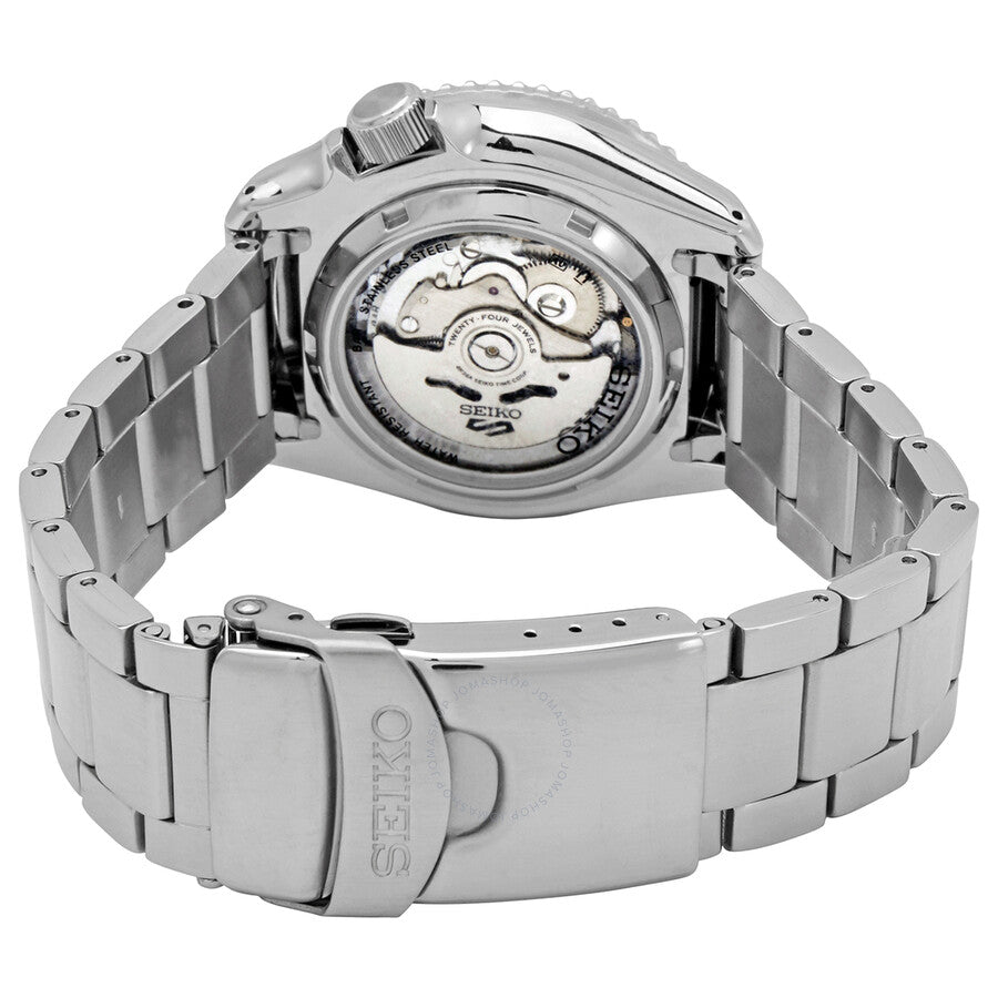Seiko 5 Sports SRPD59K1 caseback showing automatic movement and stainless steel bracelet