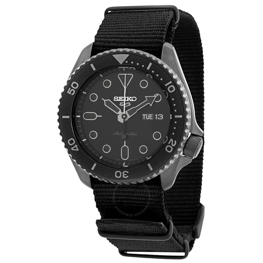 Seiko 5 Sports SRPD79K1 automatic watch with black dial and black fabric strap