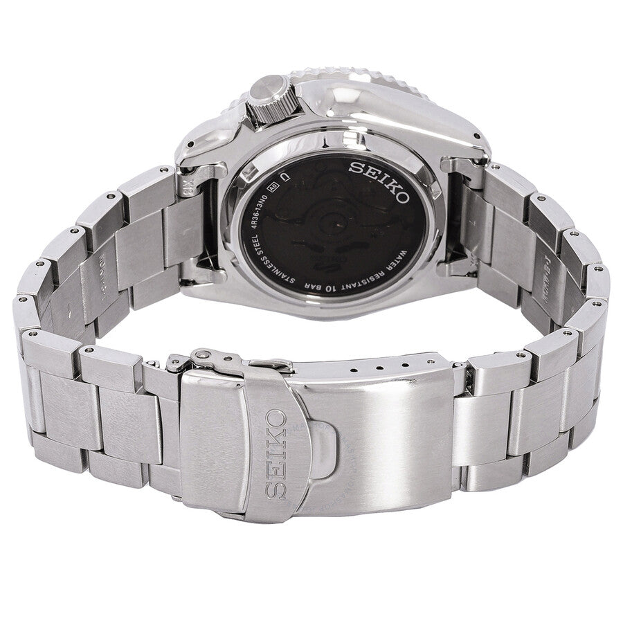 Caseback view showing stainless steel case back with Seiko branding and specifications