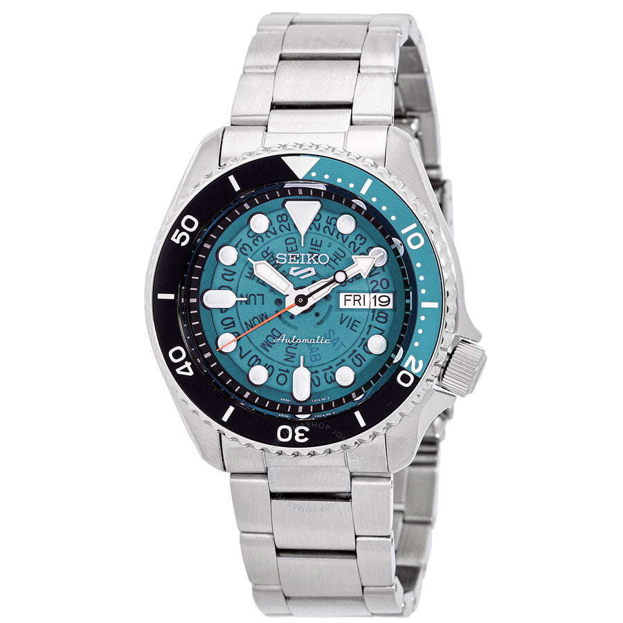 Seiko 5 Sports automatic watch with teal dial, white hour markers, day-date window, and stainless steel bracelet