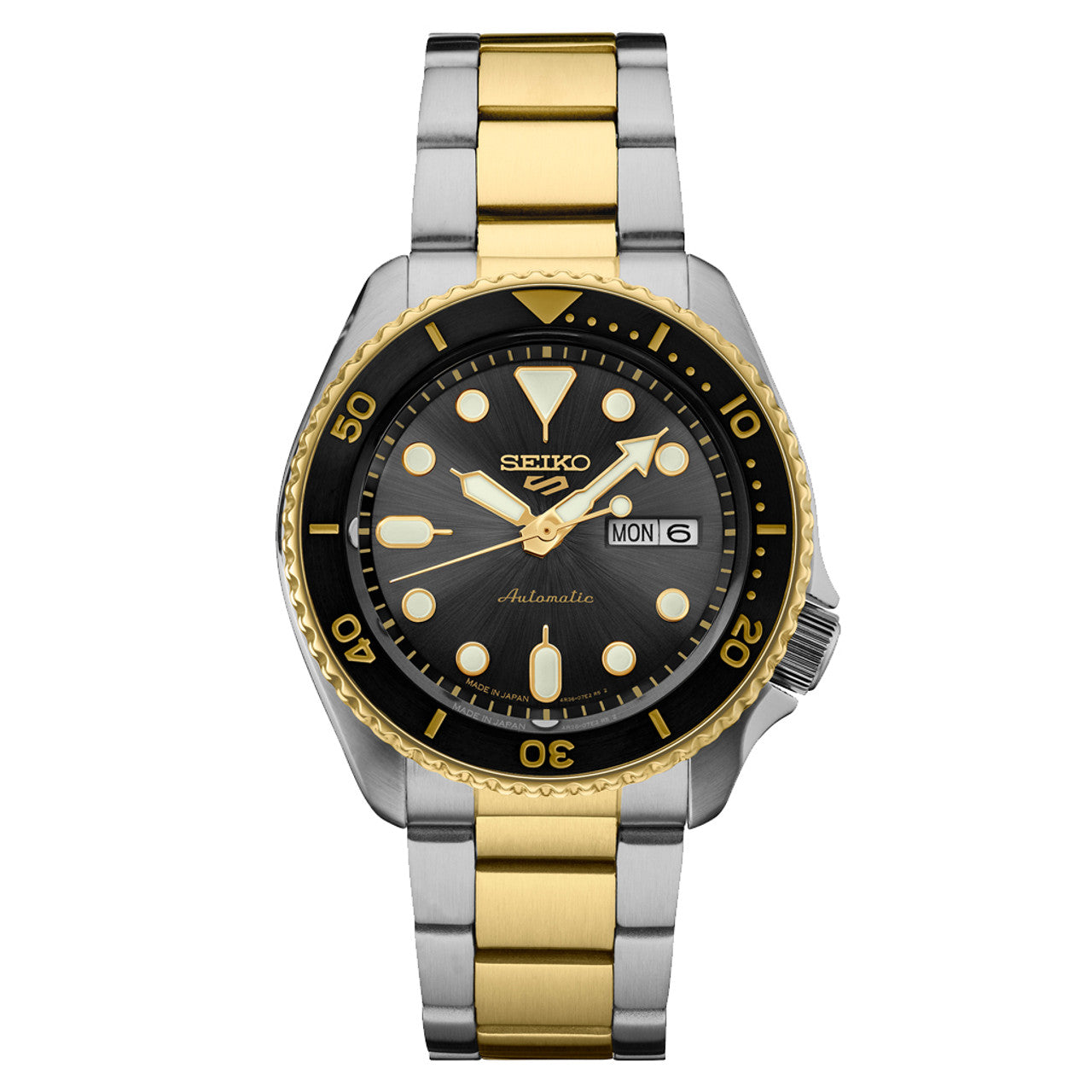 Seiko 5 Sports SRPK22 two-tone stainless steel watch with black dial and gold bezel