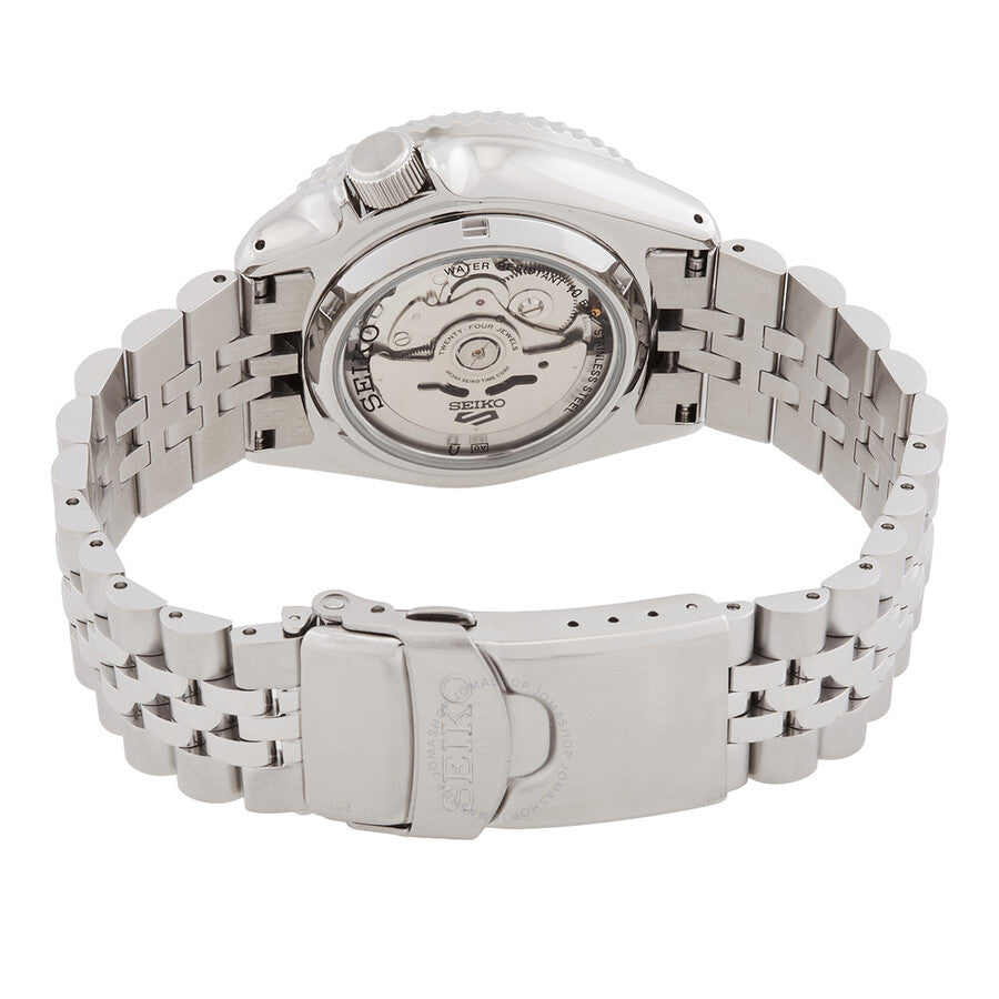 Caseback view displaying automatic movement and stainless steel bracelet with folding clasp
