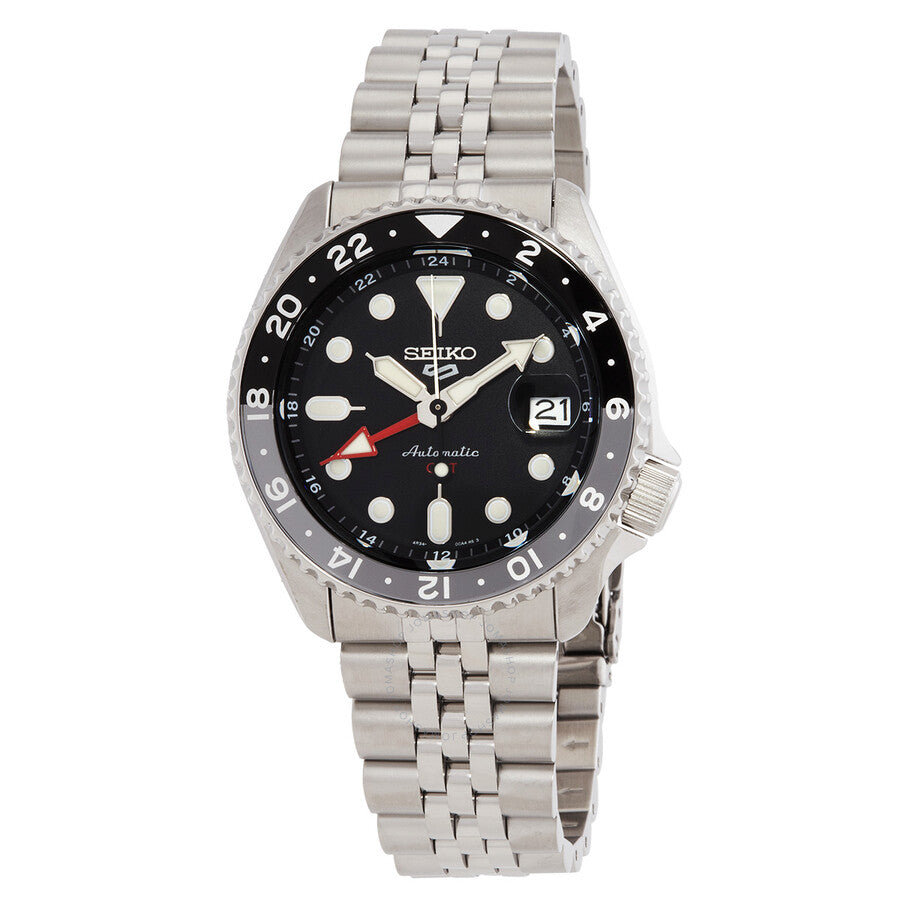 Seiko 5 Sports automatic watch with black dial, GMT bezel, and stainless steel bracelet