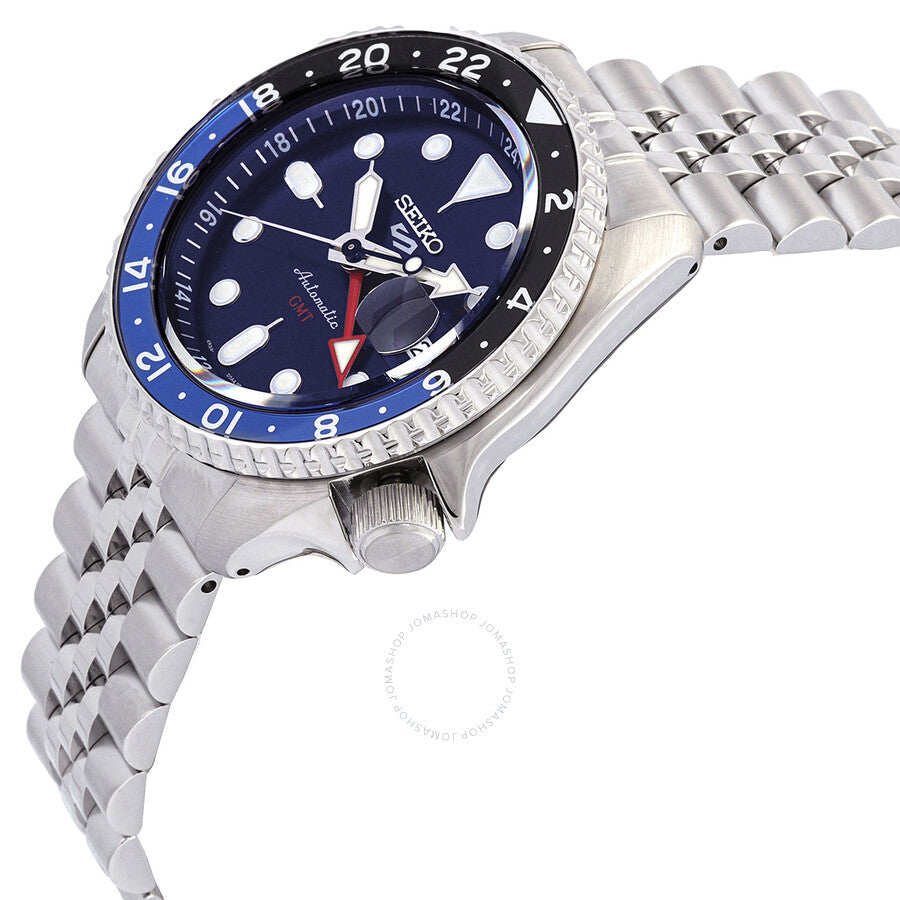 Seiko 5 Sports watch angle view showing blue and black GMT bezel, dial details and steel bracelet