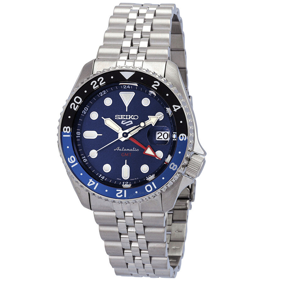 Seiko 5 Sports automatic watch with blue dial, white markers, GMT bezel and stainless steel bracelet