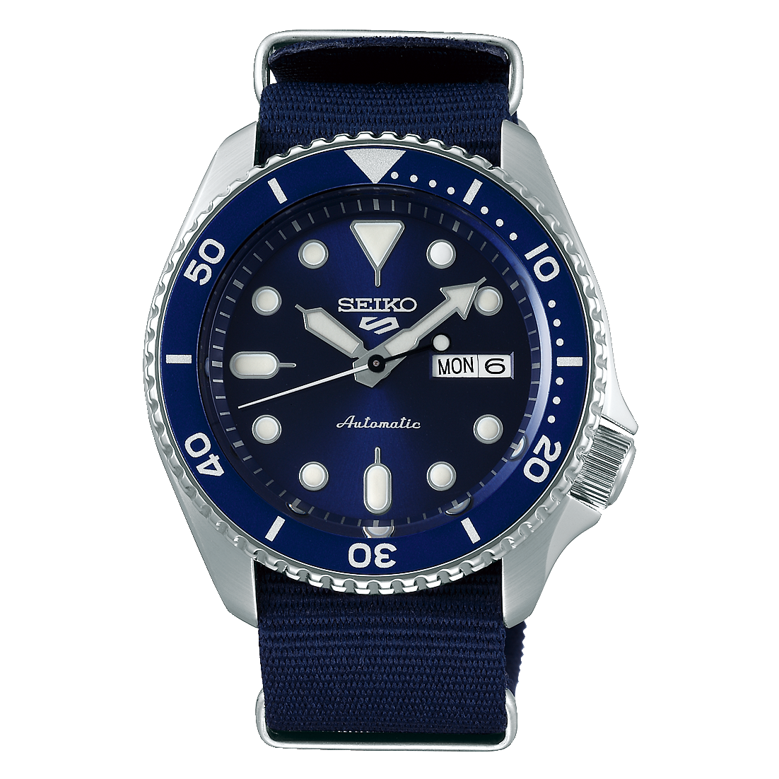 Seiko 5 Sports silver automatic watch with blue dial, date window, and navy strap