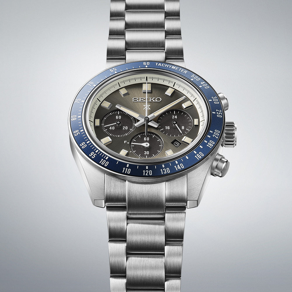 Seiko Prospex Speedtimer SSC939P1 three-quarter view showing stainless steel bracelet and case