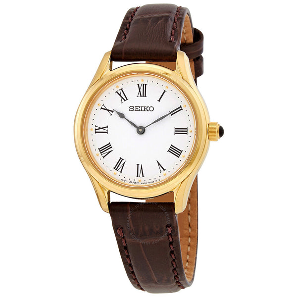 Seiko Quartz White Dial Brown Leather Ladies Watch SWR072P1 - The Watches Men & Co