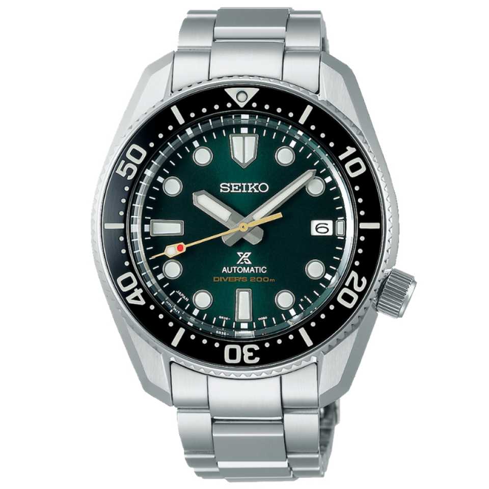 Seiko SPB207J1 automatic men's watch with silver stainless steel case and bracelet, dark green dial with luminous markers and date window
