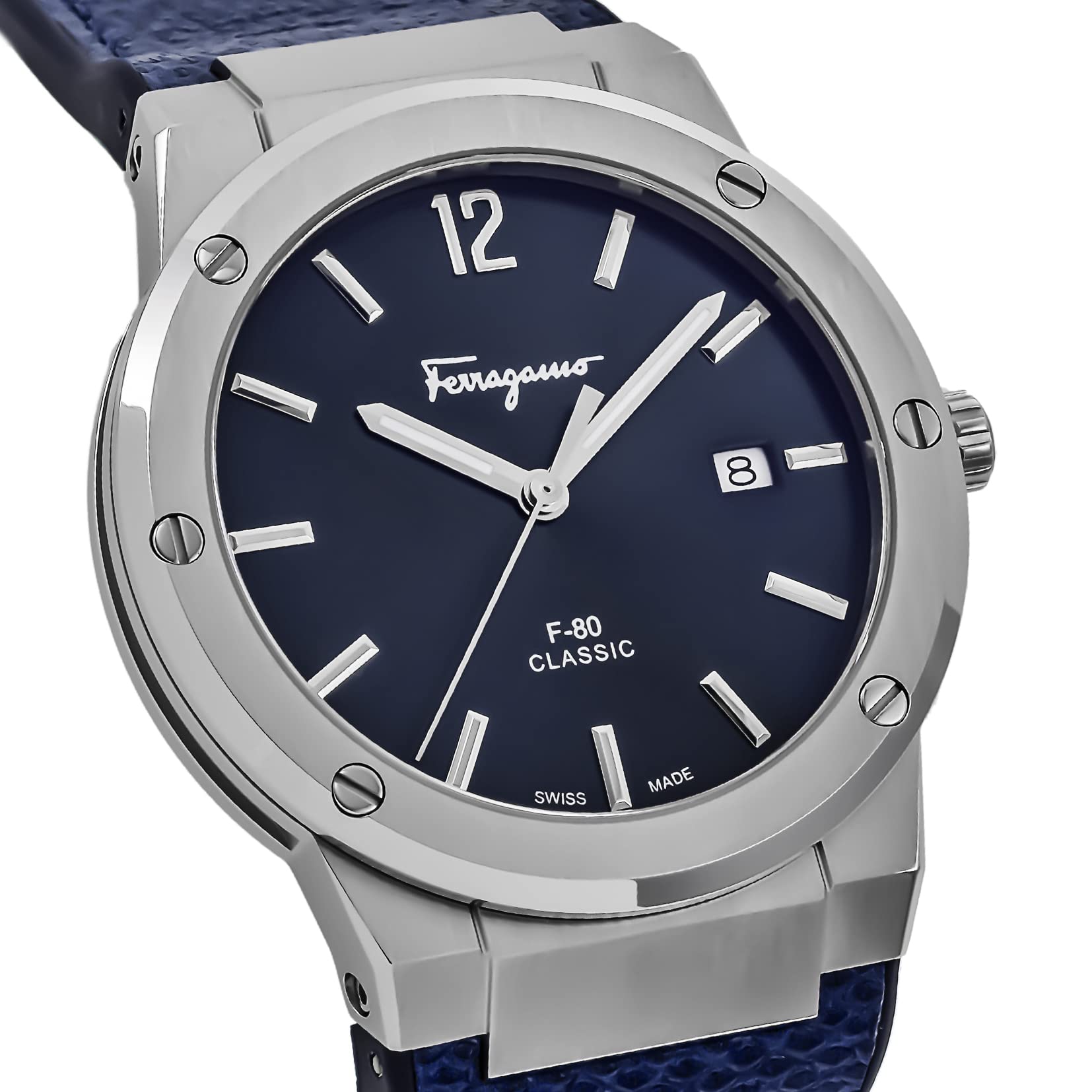 Front-angle view of F-80 Classic timepiece showing dial with applied indices and date window