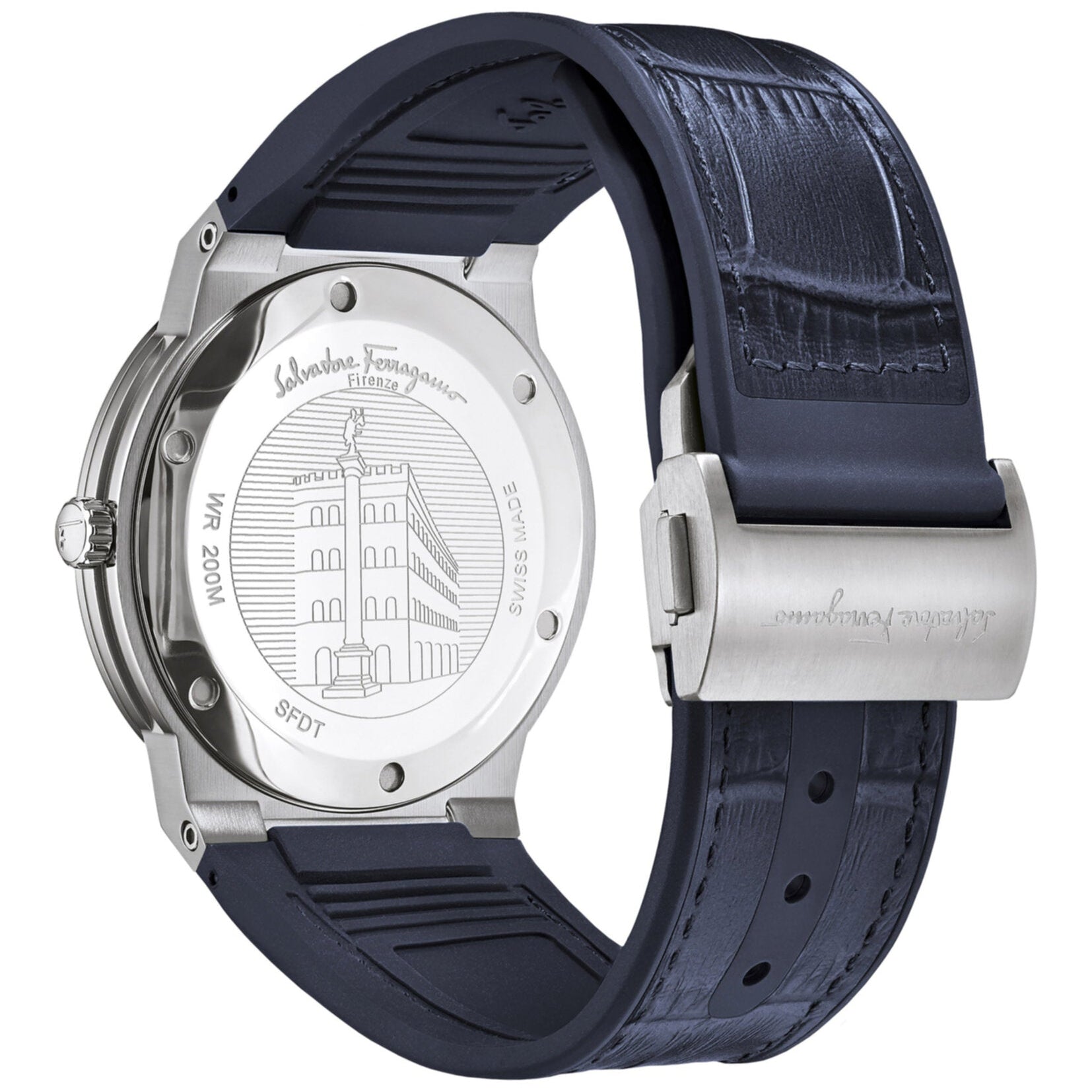 Salvatore Ferragamo engraved caseback of F-80 Classic with strap detail visible