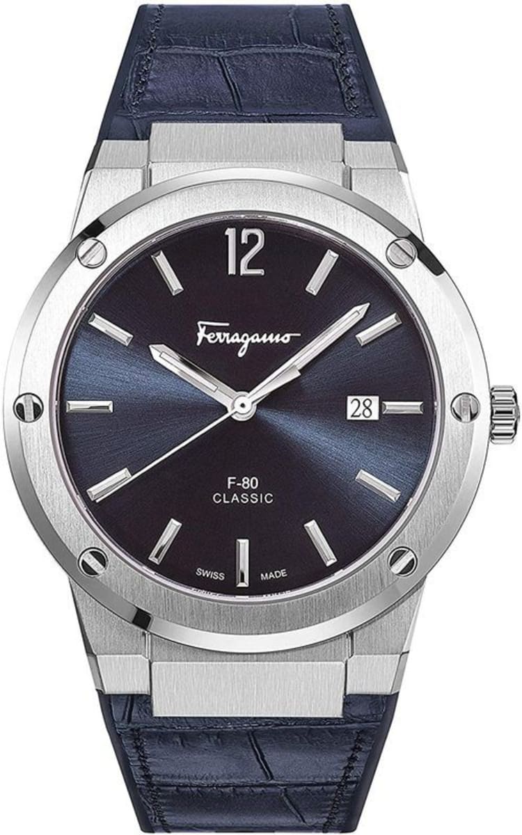 Salvatore Ferragamo F-80 Classic watch with navy dial, stainless steel case, and blue leather strap