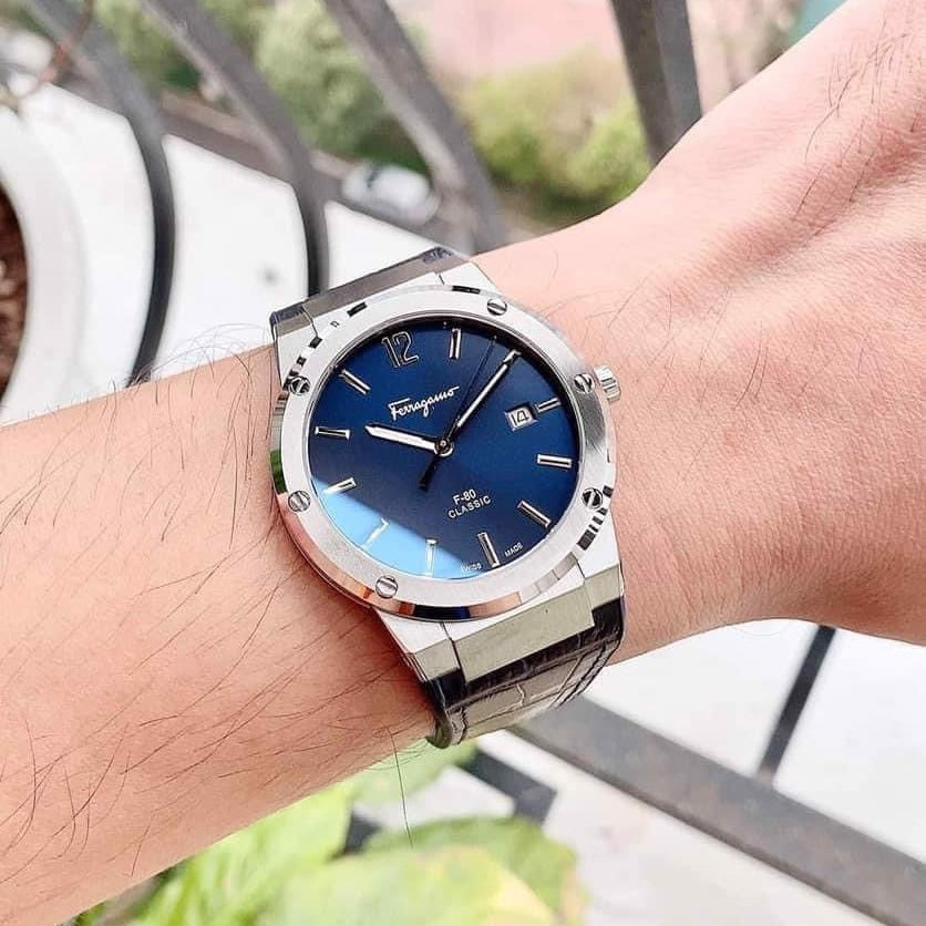 Salvatore Ferragamo F-80 Classic men's watch worn on wrist with navy dial and leather strap