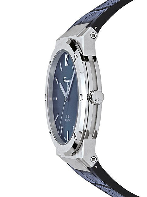 Side profile of Salvatore Ferragamo F-80 Classic watch with stainless steel case and blue leather strap