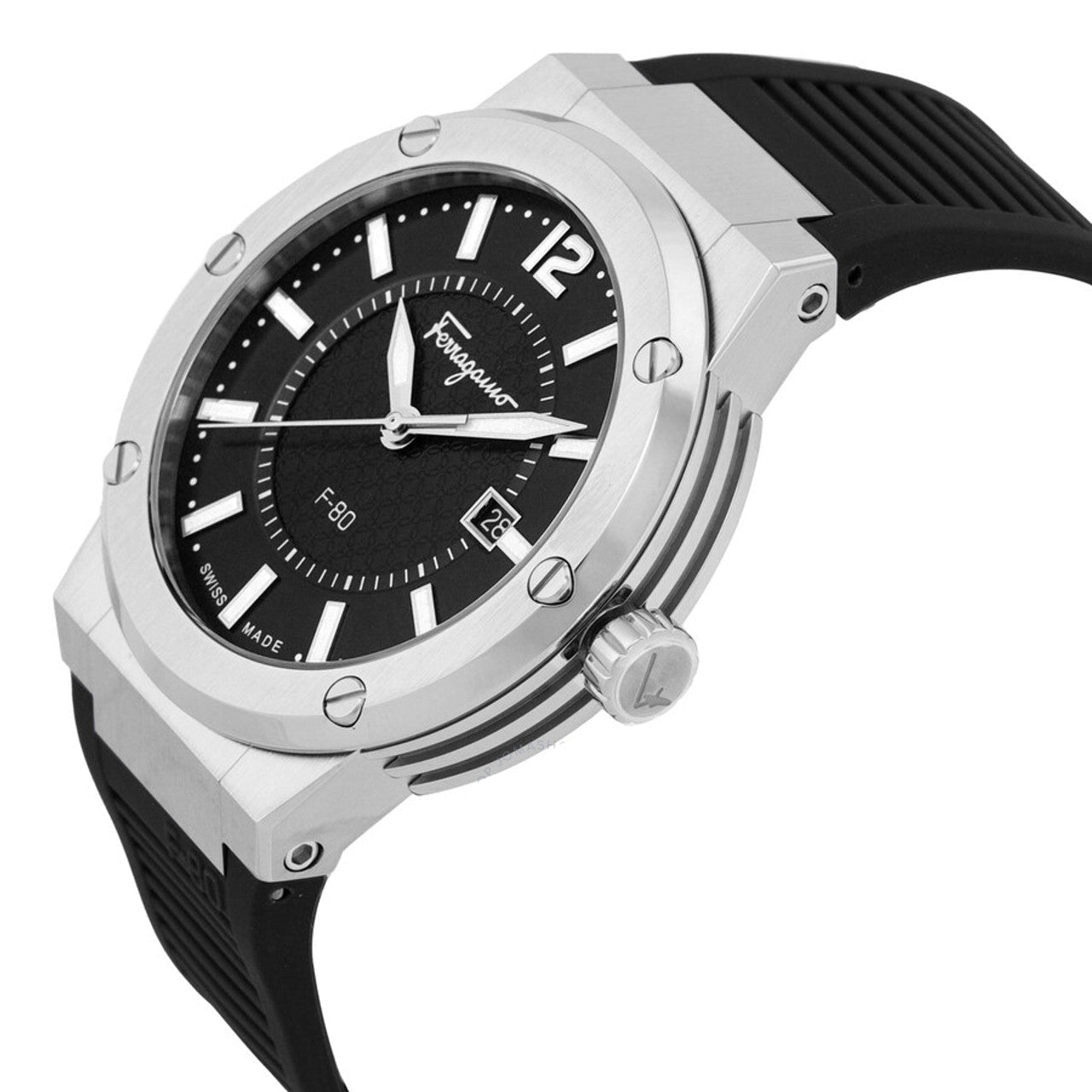 Ferragamo F-80 men's watch with stainless steel case and black rubber strap, side angle view