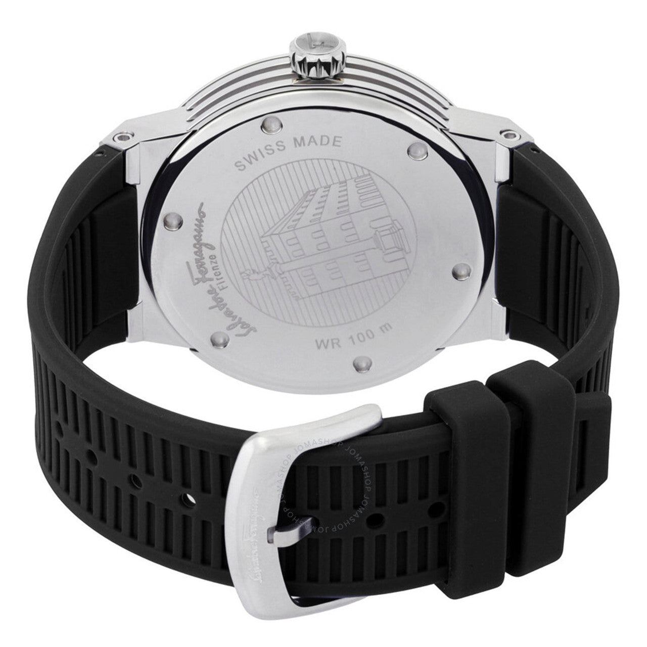 Ferragamo F-80 men's watch case back showing Swiss made marking and water resistance rating