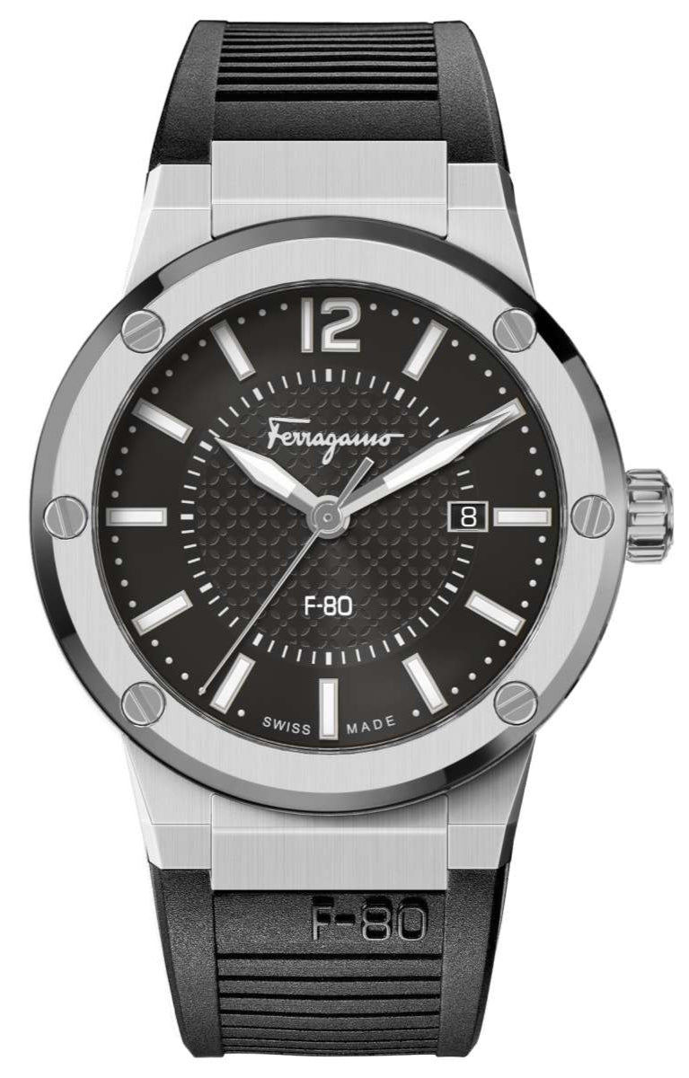 Ferragamo F-80 men's watch with stainless steel case and black dial, front view