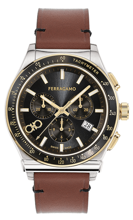 Ferragamo 1927 Chrono watch with black dial, tachymeter bezel, two-tone case and brown leather strap