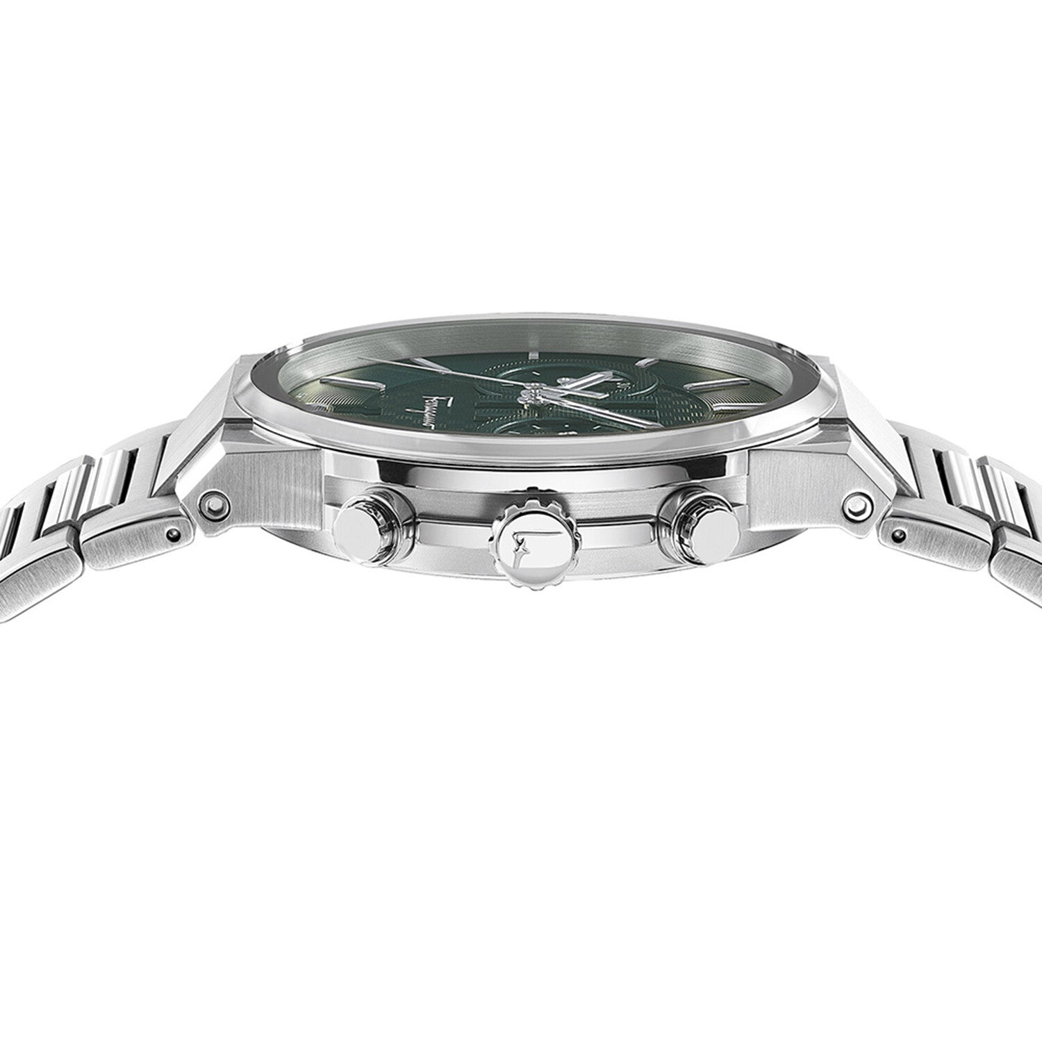Top-down view of Salvatore Ferragamo chronograph watch case and silver bracelet with pushers visible