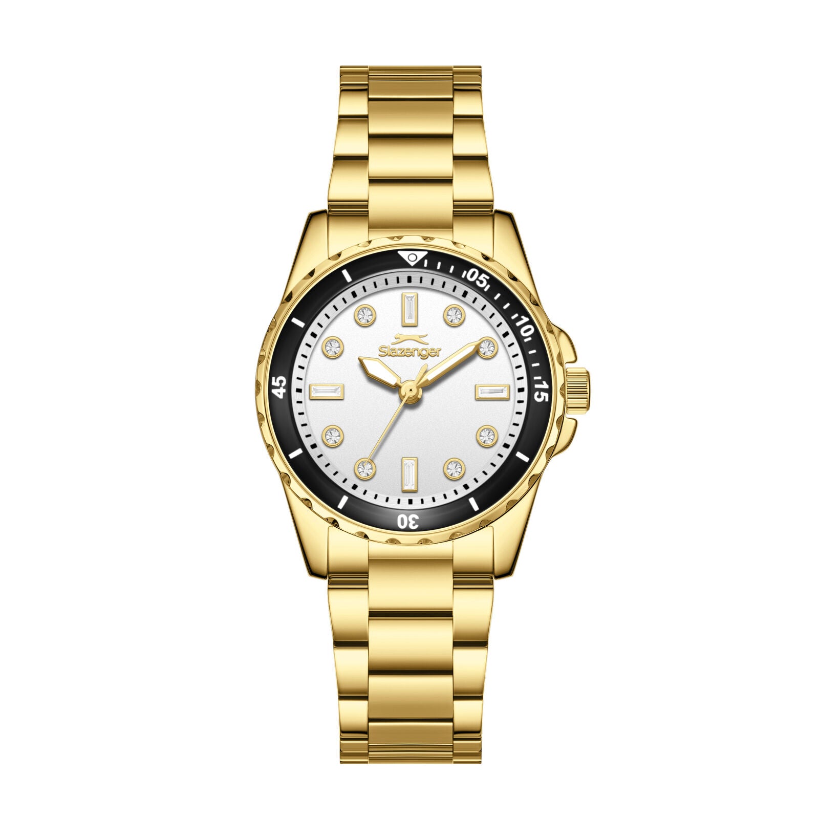 Slazenger Classic Crystals gold watch with silver dial and crystal hour markers