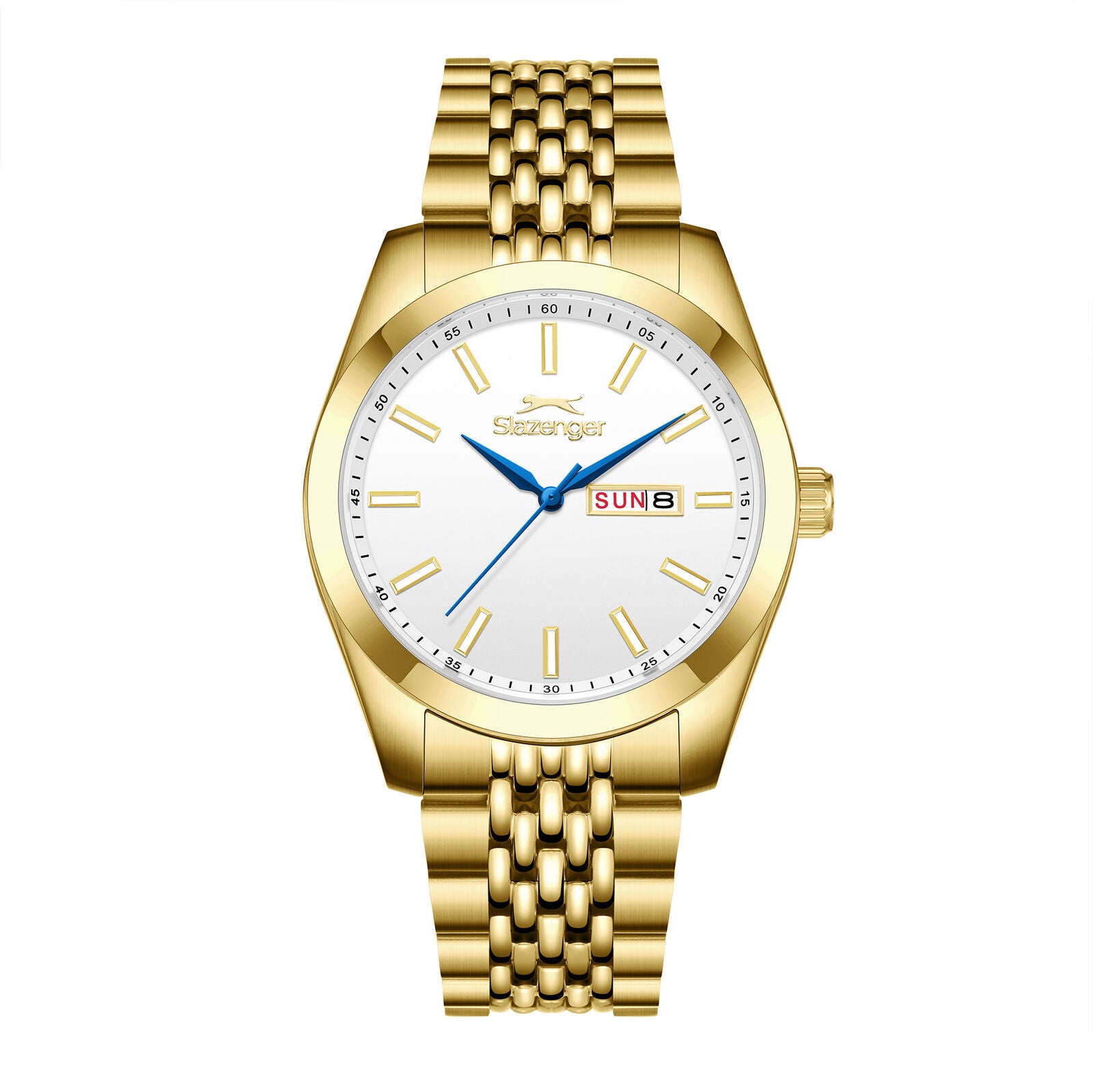 Slazenger Classic gold watch with white dial, day-date window, and gold bracelet