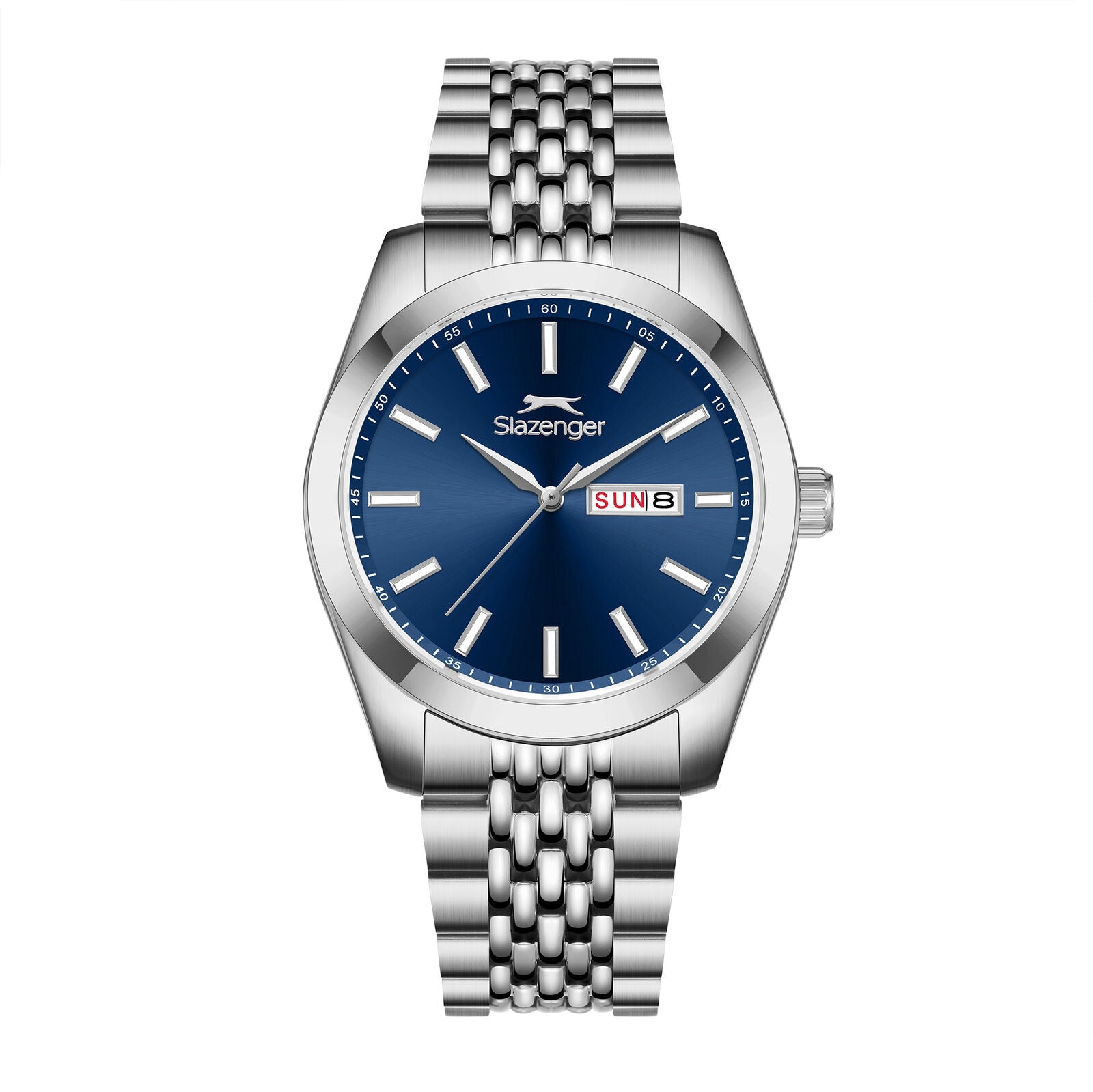 Slazenger Classic watch with blue dial, day-date window, and silver bracelet strap