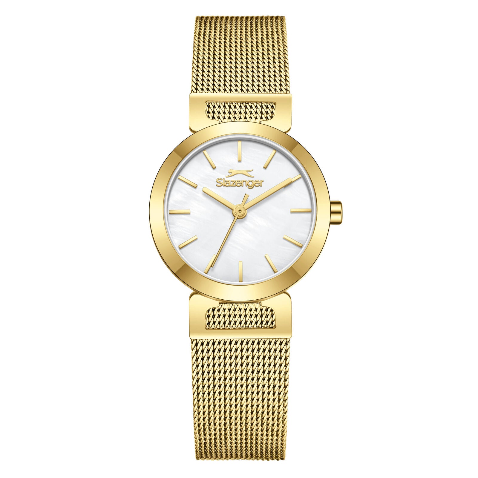 Slazenger Classic gold watch with white dial and mesh strap front view