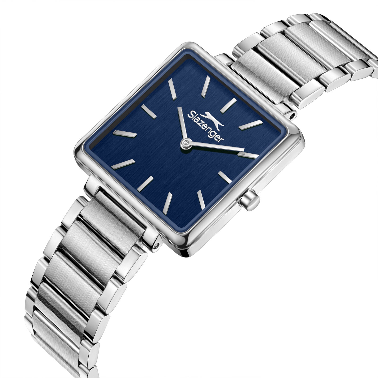 Slazenger Classic Square watch angled view showing blue dial and silver metal bracelet