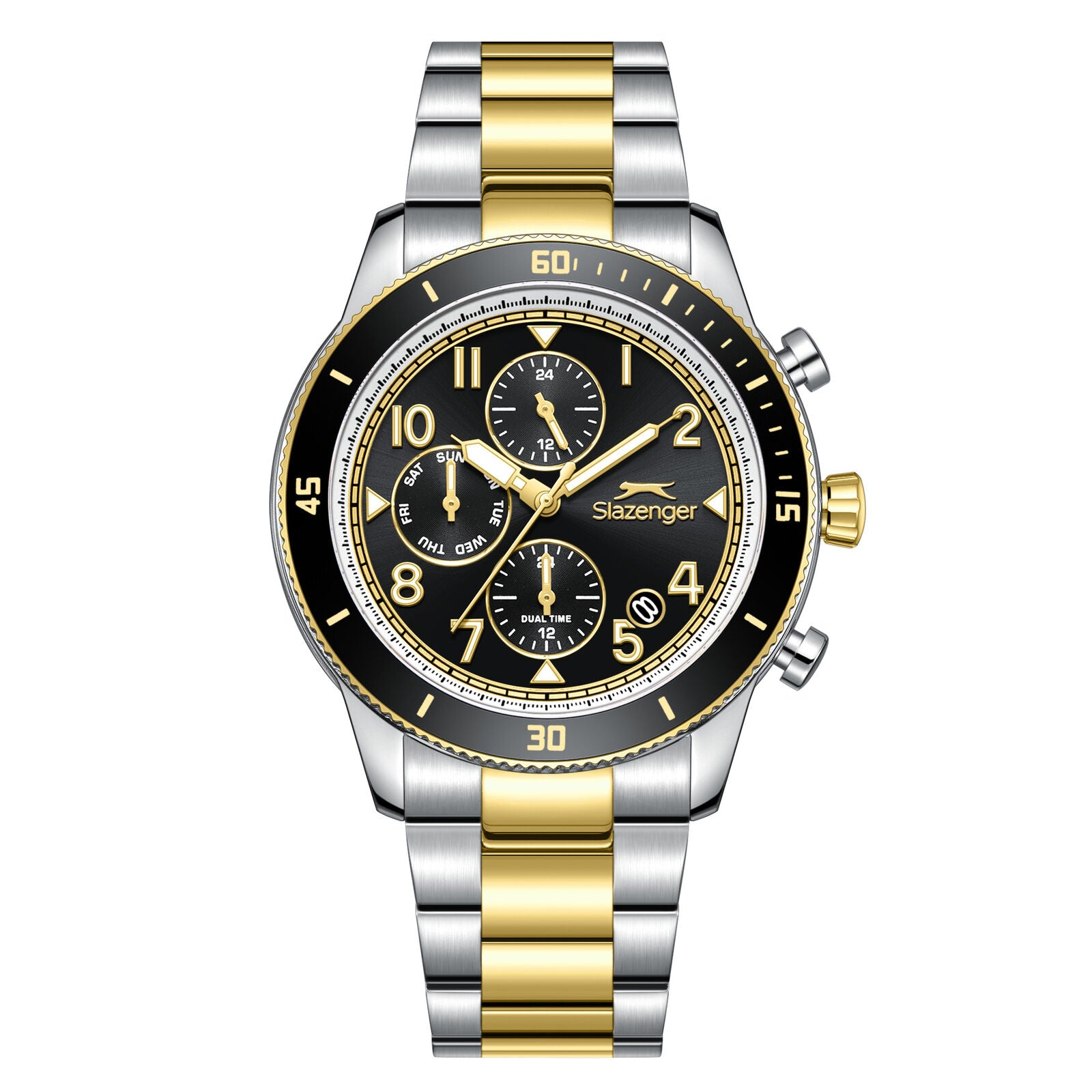 Slazenger dual time multifunction watch with black dial, two-tone silver and gold case and bracelet, multiple subdials
